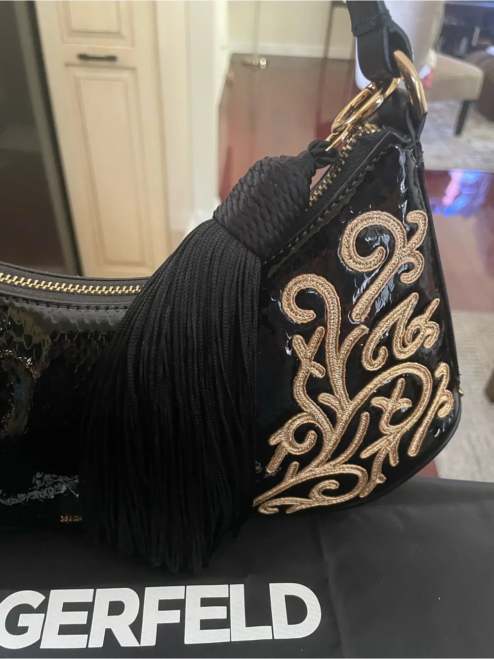 Karl Lagerfeld Black Patent Embroidered Tassel Shoulder Bag - Picture 3 of 8